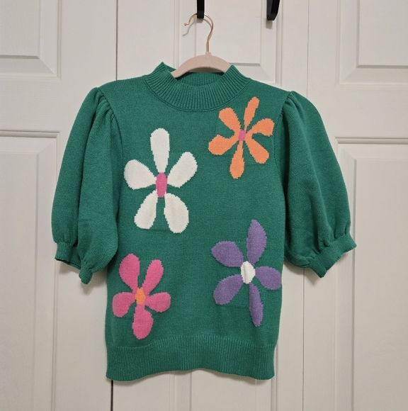 THML Sweaters - THML Anthropologie Green And Floral Knit Short Puff Sleeve Sweater Size XS